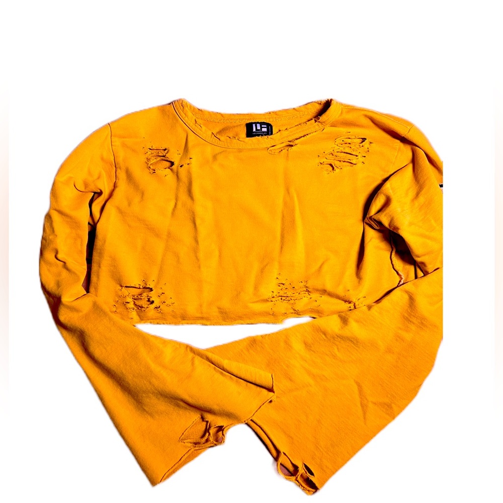 LF Los Angeles top distressed mustard yellow bell sleeve crop